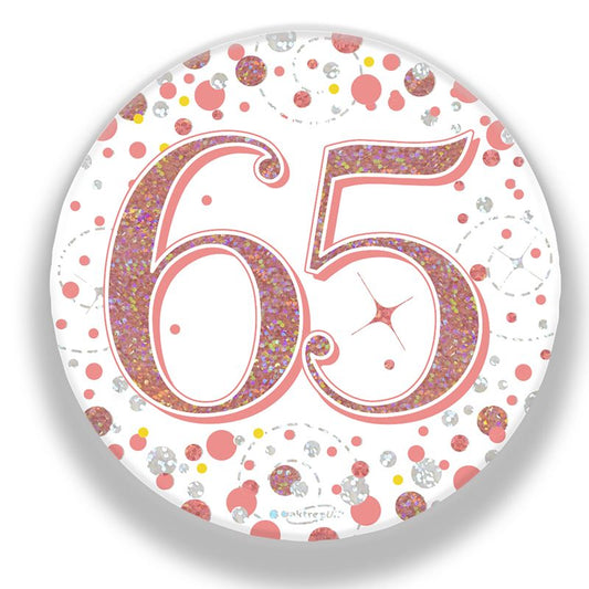 Oaktree 3" Badge 65th Birthday Sparkling Fizz Rose Gold Holographic