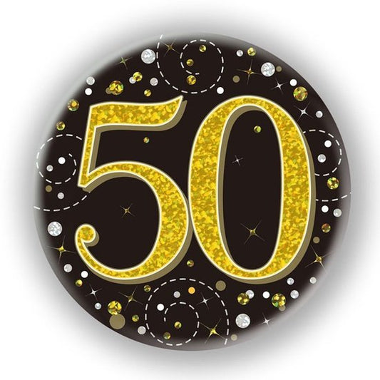 Oaktree 3" Badge 50th Birthday Sparkling Fizz Black Gold Holographic