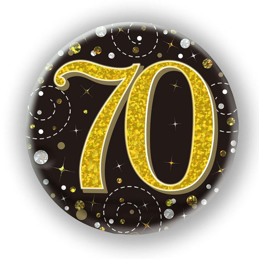 Oaktree 3" Badge 70th Birthday Sparkling Fizz Black Gold Holographic