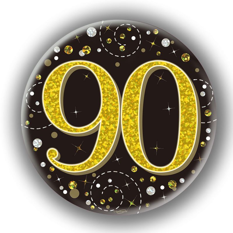 Oaktree 3" Badge 90th Birthday Sparkling Fizz Black Gold Holographic