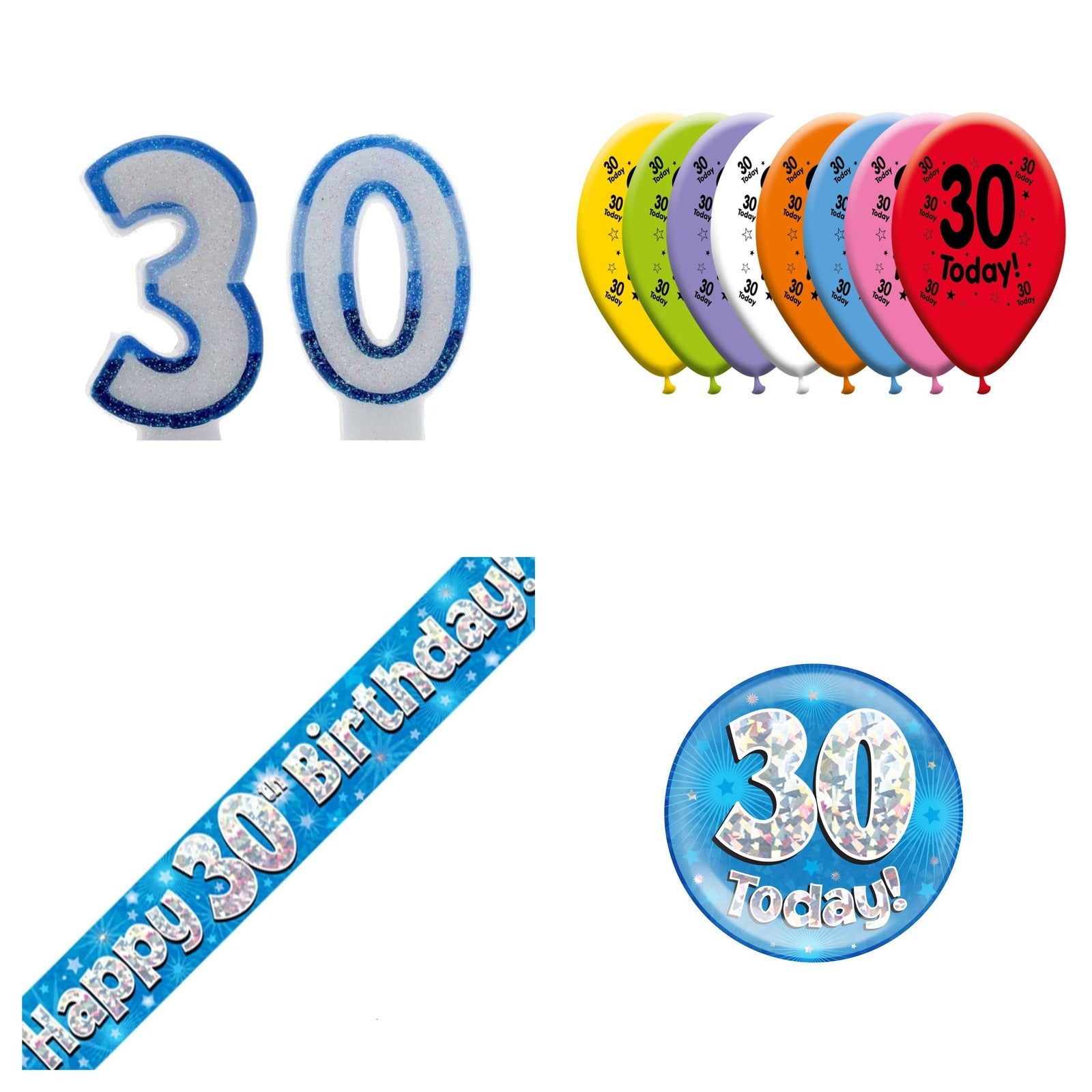 Blue Stars Bundle B Banner, Balloons, Candle, Badge Ages 1 to 90