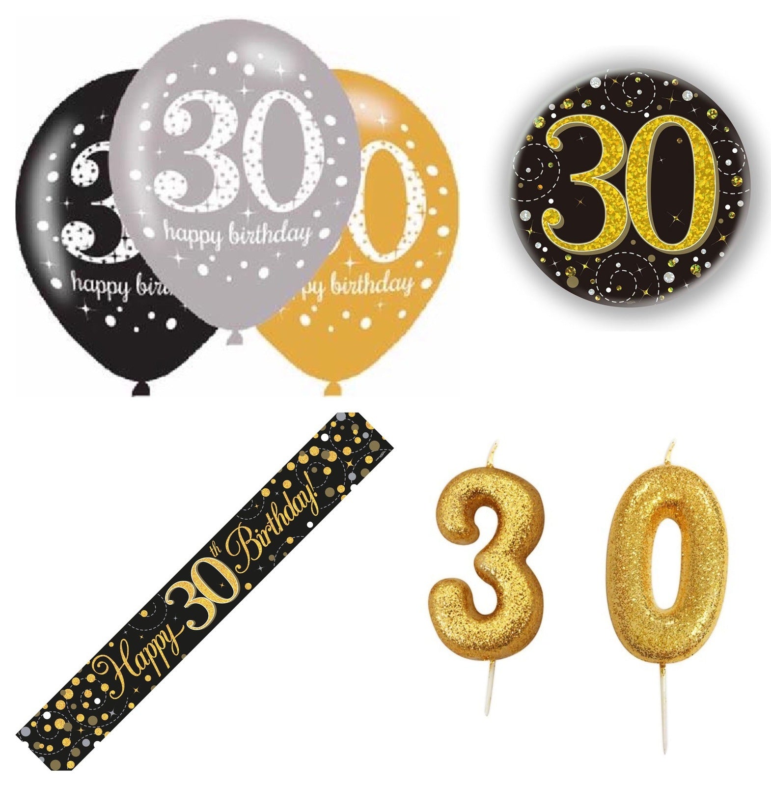 Black And Gold Bundle B Banner, Balloons, Candle, Badge Ages 16 to 100