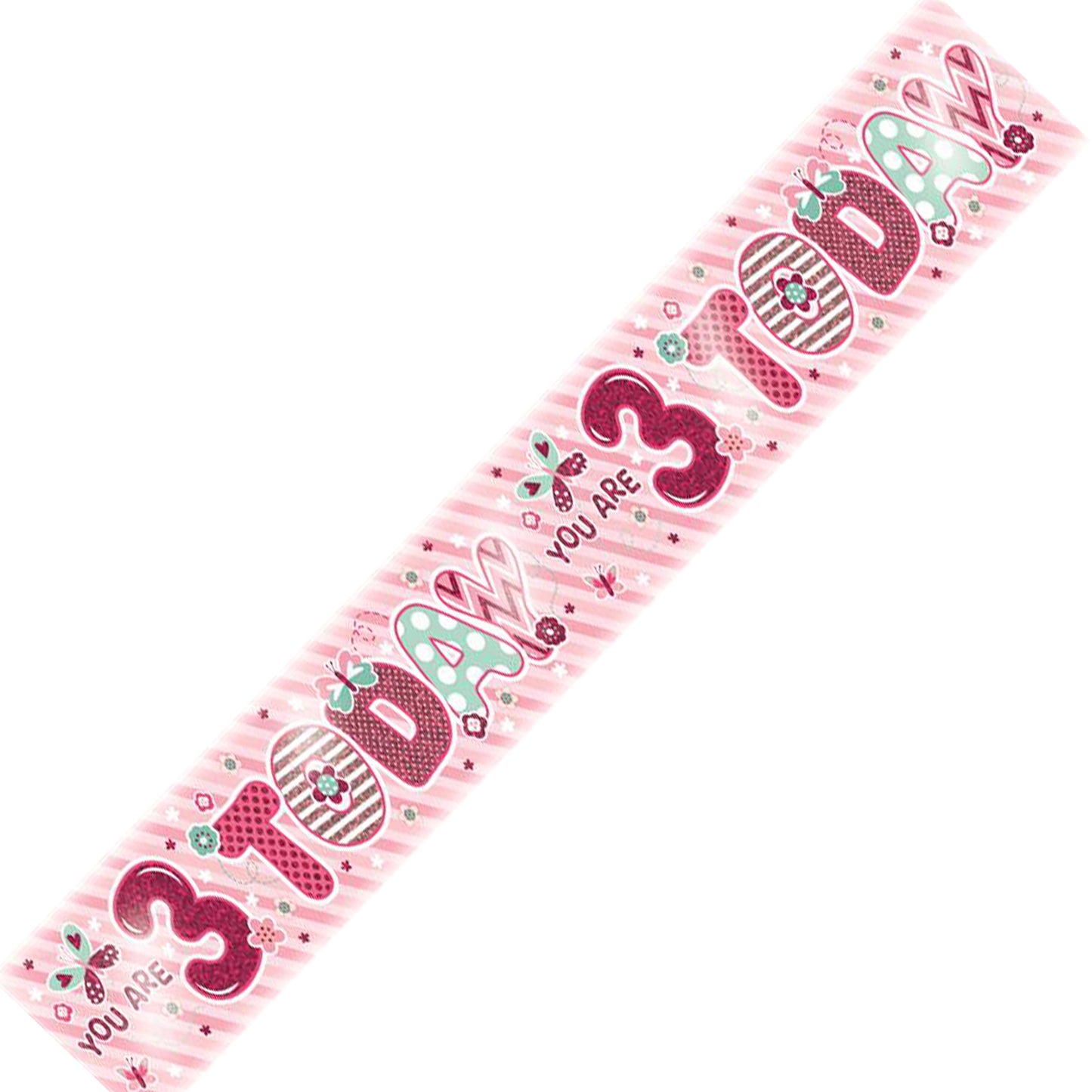 Age 3 Birthday Banner Pink And Silver Holographic Strawberries And Cream Style Recyclable 3rd Birthday Party Banner