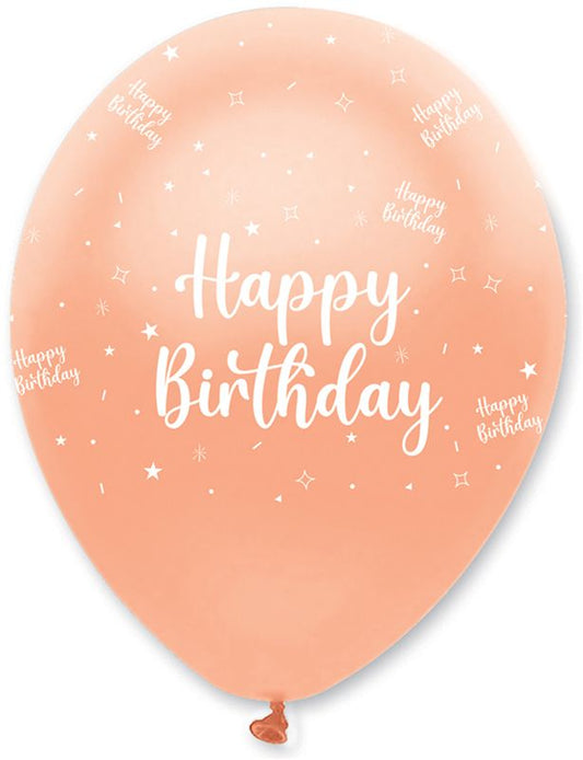 Rose Gold Happy Birthday Latex Balloons Pearlescent All Round Print