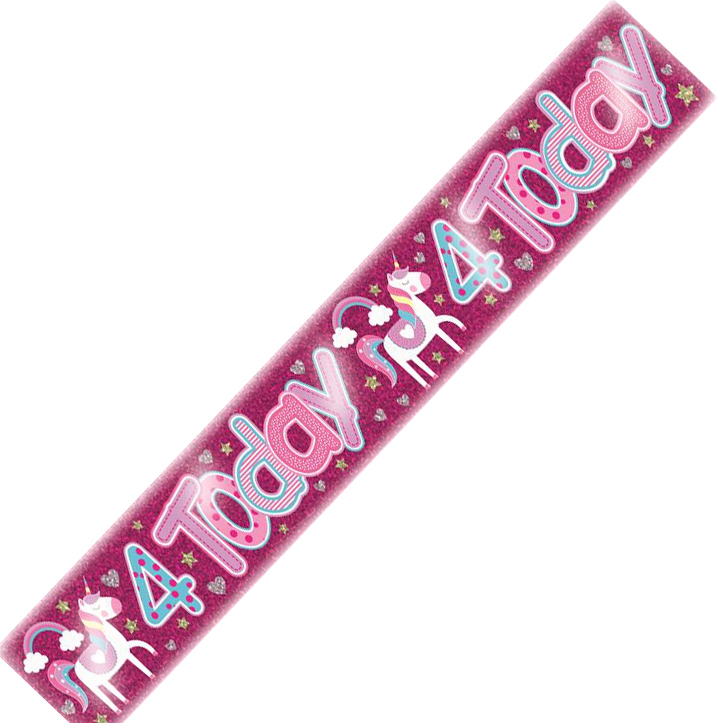 Age 4 Birthday Banner Pink Unicorn And Silver Holographic Recyclable 4th Birthday Party Banner