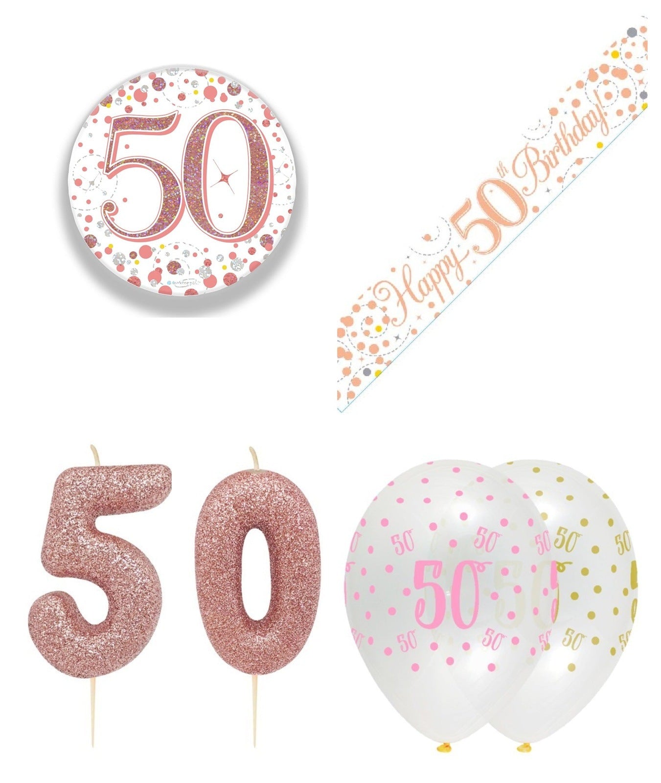 Rose Gold Bundle B Banner, Balloons, Candle, Badge Ages 16 to 90