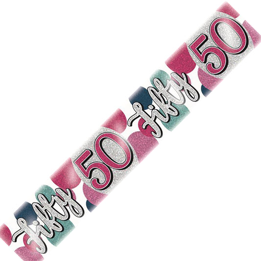 Age 50 Birthday Banner Pink, Purple And Silver Holographic Recyclable 50th Birthday Party Banner