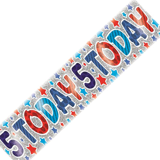 Age 5 Birthday Banner Blue, Red And Silver Holographic Recyclable 5th Birthday Party Banner