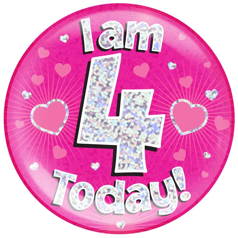 6" Jumbo Badge I am 4 Today Pink Holographic Dot