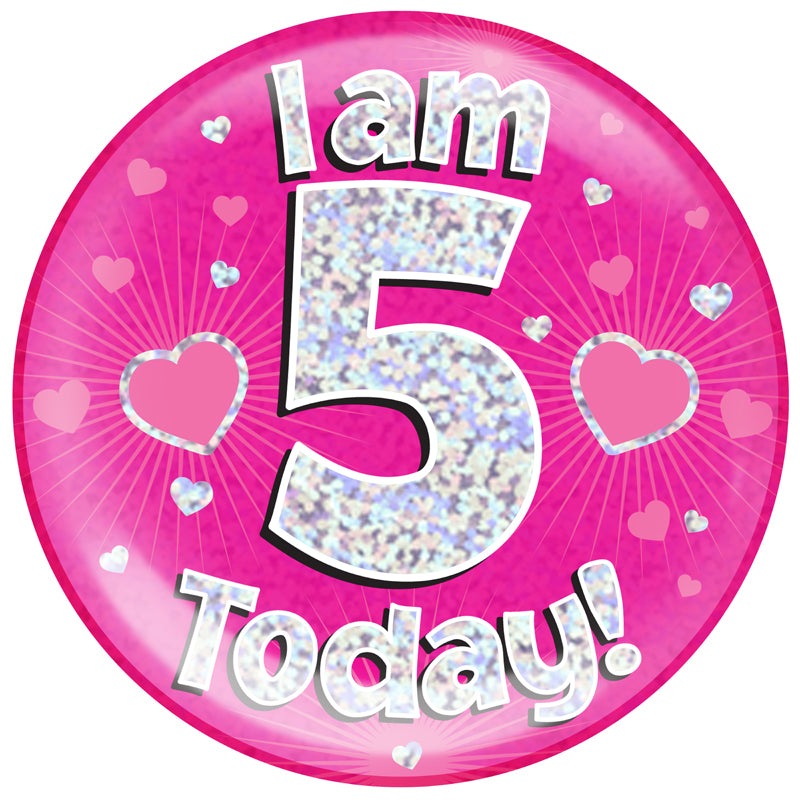 6" Jumbo Badge I am 5 Today Pink Holographic Dot