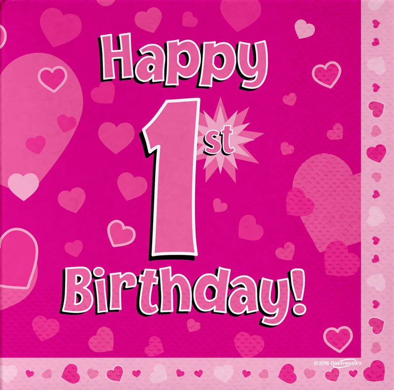 Happy 1st Birthday Pink 33cm x 33cm 3-ply Napkins 16pcs