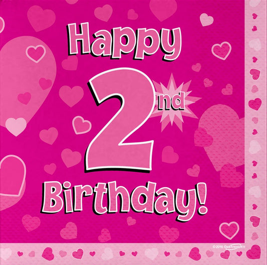 Happy 2nd Birthday Pink 33cm x 33cm 3-ply Napkins 16pcs