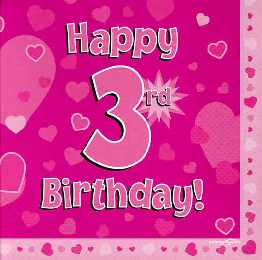 Happy 3rd Birthday Pink 33cm x 33cm 3-ply Napkins 16pcs