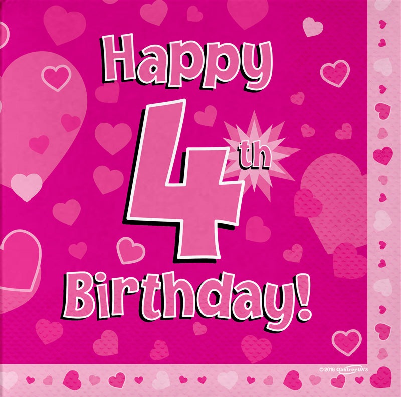Happy 4th Birthday Pink 33cm x 33cm 3-ply Napkins 16pcs