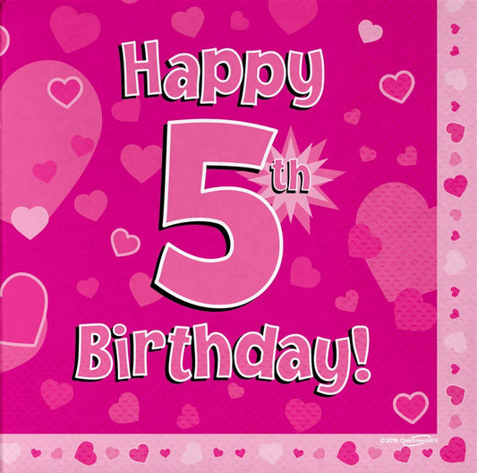Happy 5th Birthday Pink 33cm x 33cm 3-ply Napkins 16pcs