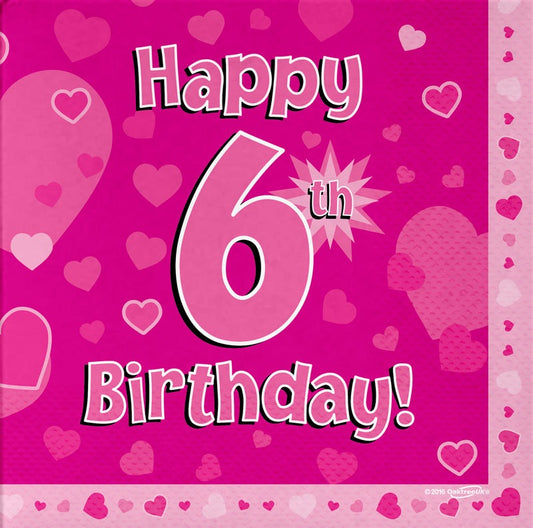 Happy 6th Birthday Pink 33cm x 33cm 3-ply Napkins 16pcs
