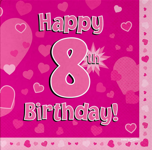 Happy 8th Birthday Pink 33cm x 33cm 3-ply Napkins 16pcs