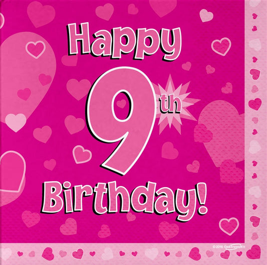 Happy 9th Birthday Pink 33cm x 33cm 3-ply Napkins 16pcs