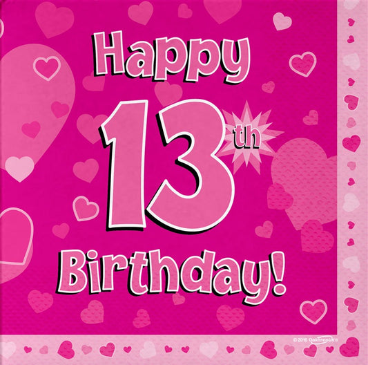 Happy 13th Birthday Pink 33cm x 33cm 3-ply Napkins 16pcs