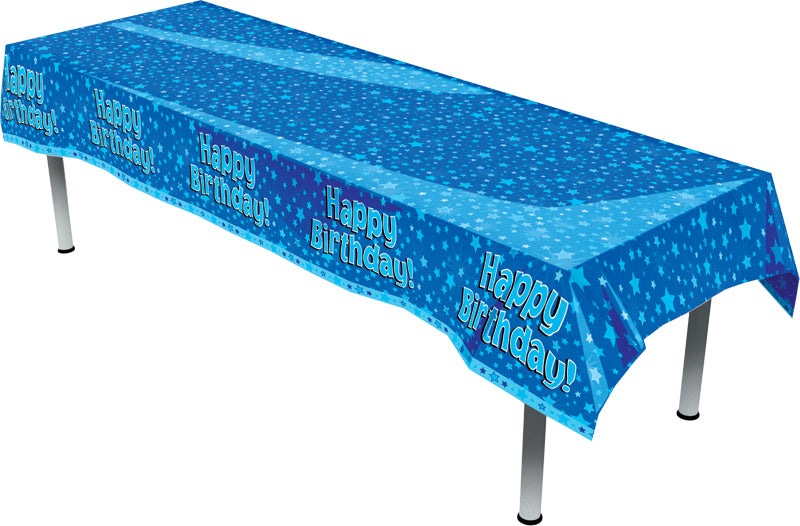 Happy Birthday Blue Colourfast Plastic Table Cover 137cm x 2.6m 1pc