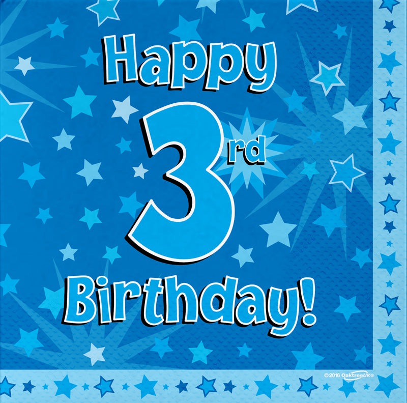 Happy 3rd Birthday Blue 33cm x 33cm 3-ply Napkins 16pcs