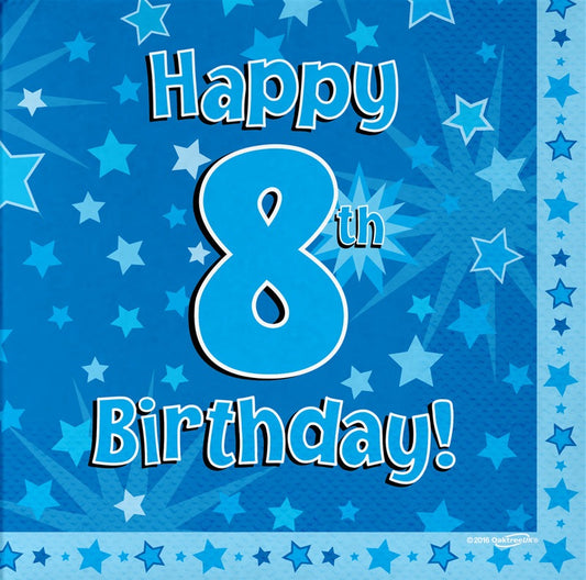 Happy 8th Birthday Blue 33cm x 33cm 3-ply Napkins 16pcs