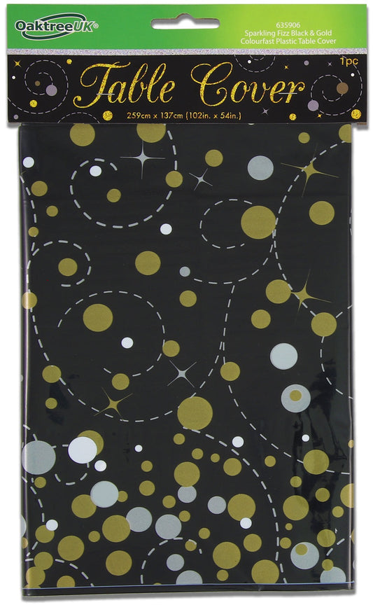 Sparkling Fizz Black & Gold Colourfast Plastic Table Cover 137cm x 2.6m 1pc