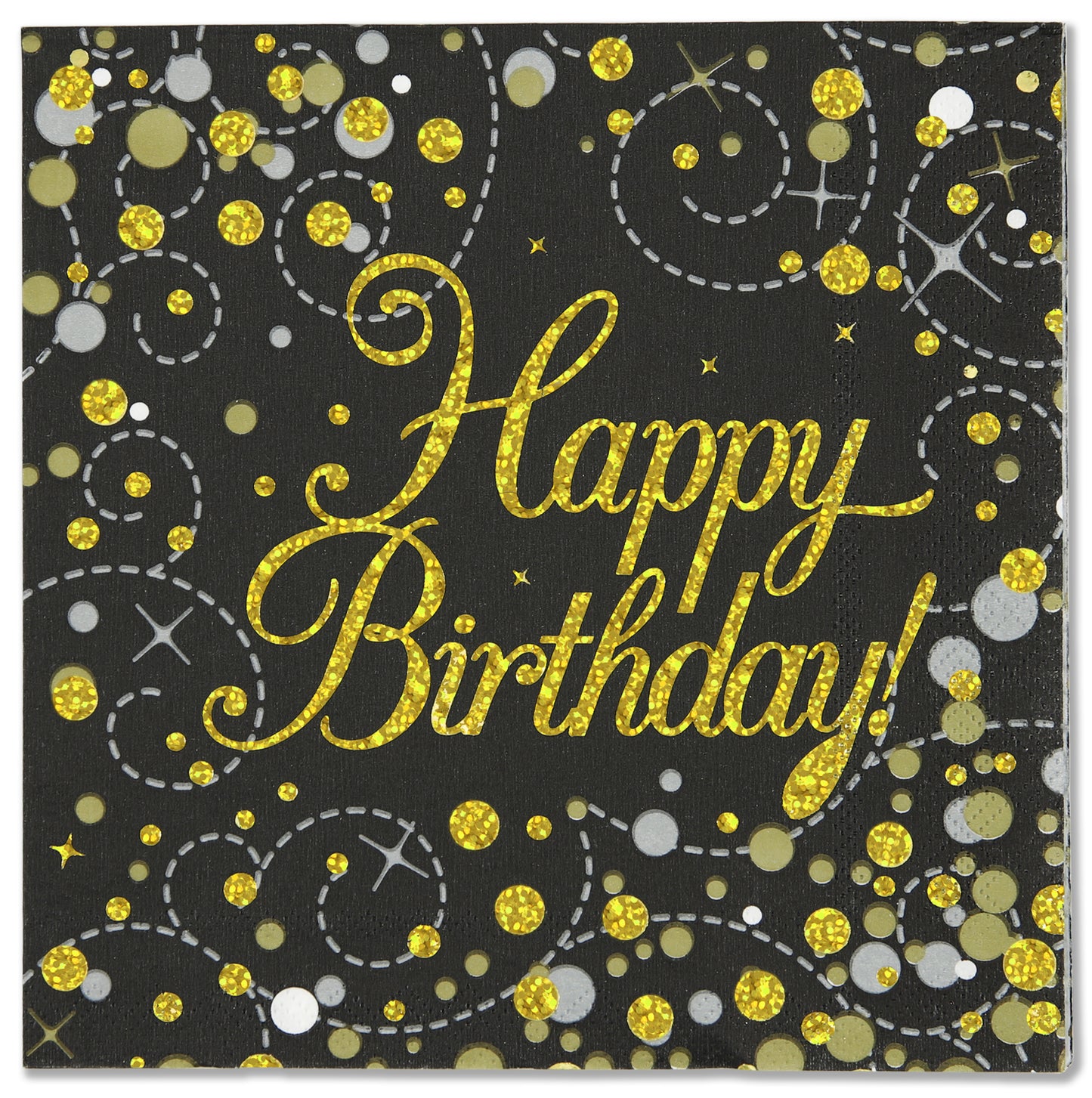 Happy Birthday Sparkling Fizz Black & Gold 33cm x 33cm 3-ply Napkins 16pcs
