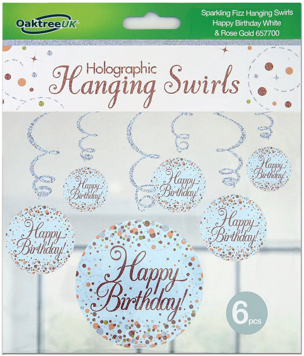 Sparkling Fizz Hanging Swirls Happy Birthday White & Rose Gold 6pcs