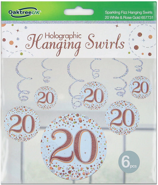 Sparkling Fizz Hanging Swirls 20th White & Rose Gold 6pcs