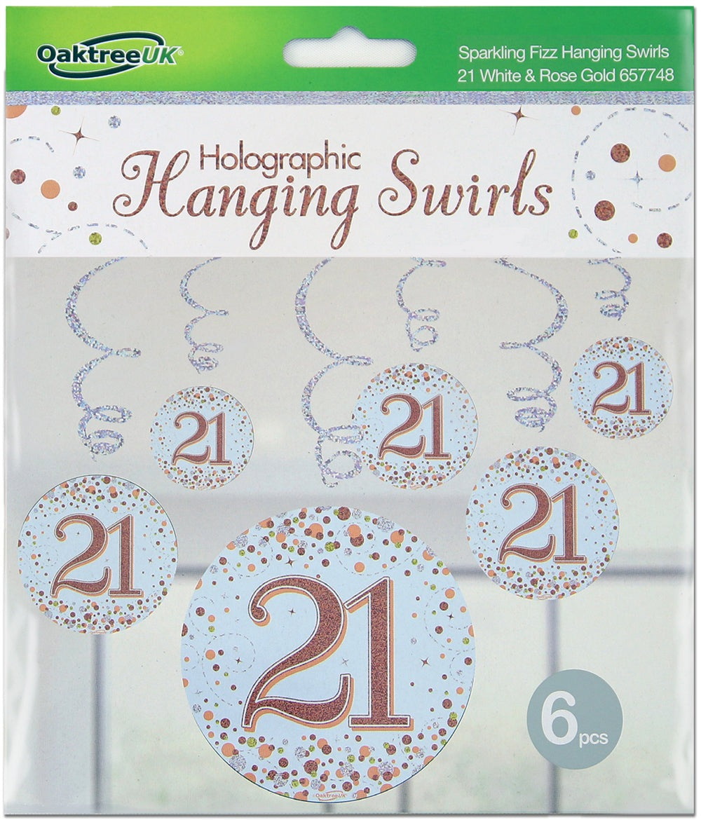 Sparkling Fizz Hanging Swirls 21st White & Rose Gold 6pcs