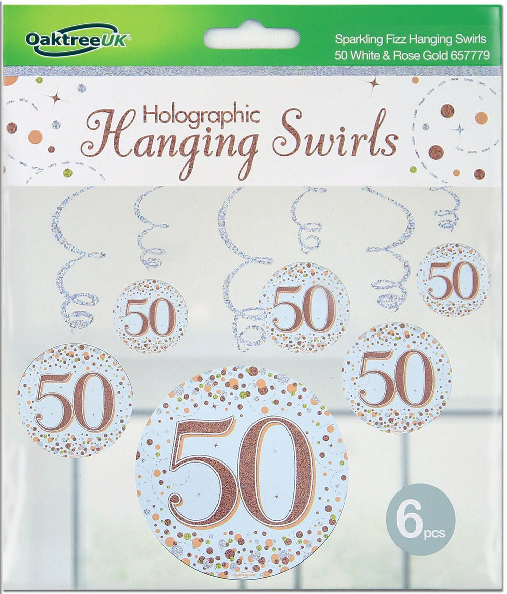Sparkling Fizz Hanging Swirls 50th White & Rose Gold 6pcs