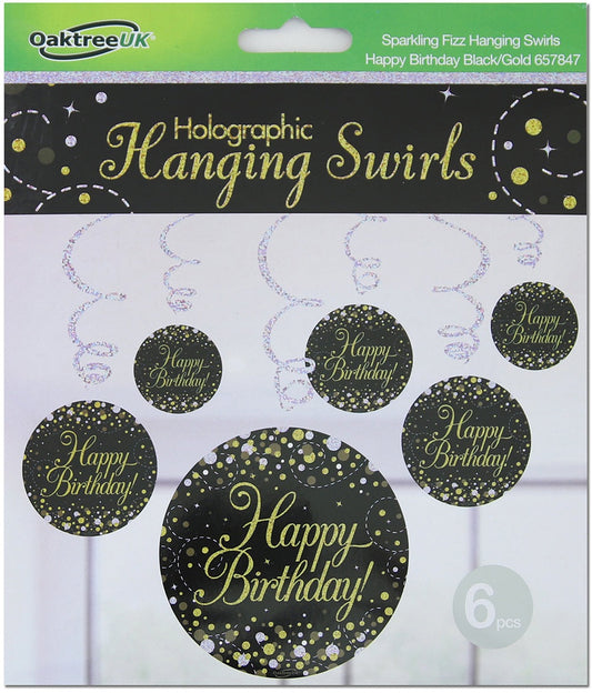 Sparkling Fizz Hanging Swirls Happy Birthday Black / Gold 6pcs