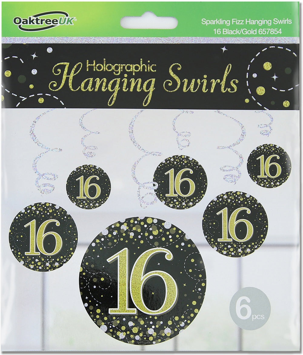 Sparkling Fizz Hanging Swirls 16th Black / Gold 6pcs