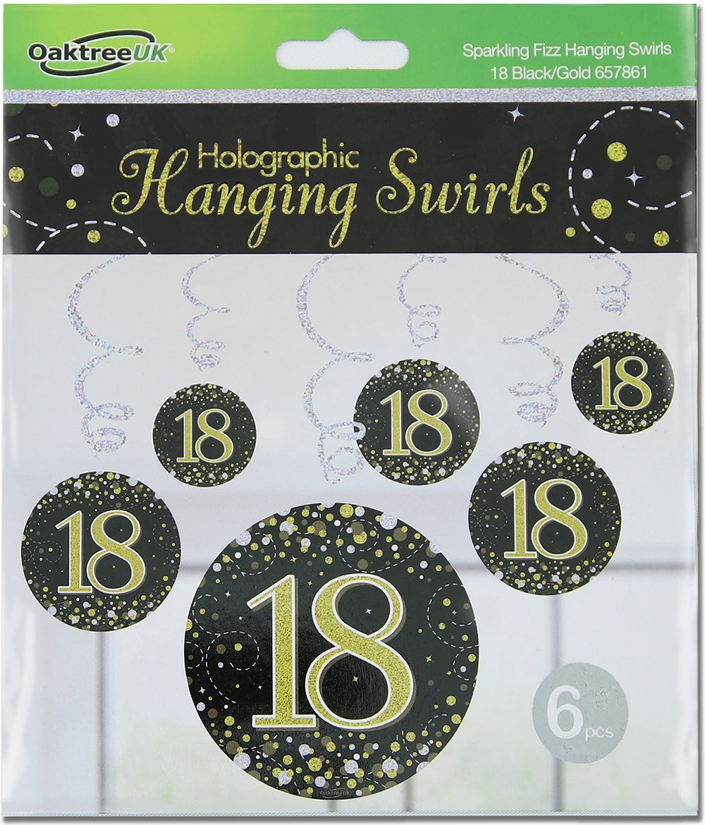 Sparkling Fizz Hanging Swirls 18th Black / Gold 6pcs
