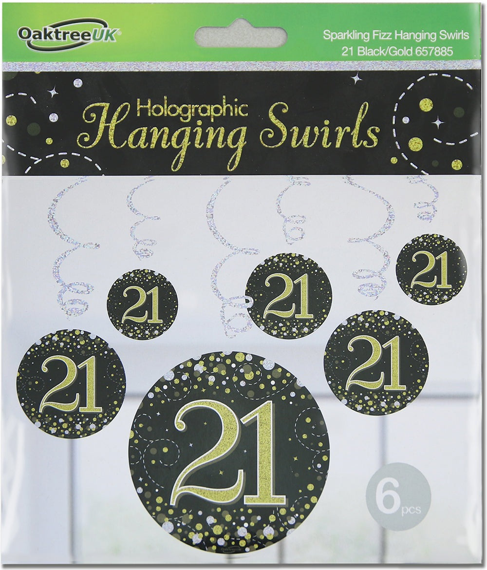 Sparkling Fizz Hanging Swirls 21st Black / Gold 6pcs