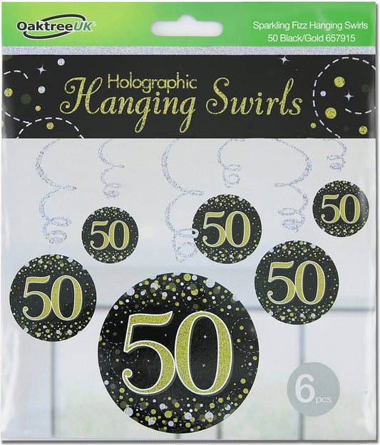 Sparkling Fizz Hanging Swirls 50th Black / Gold 6pcs