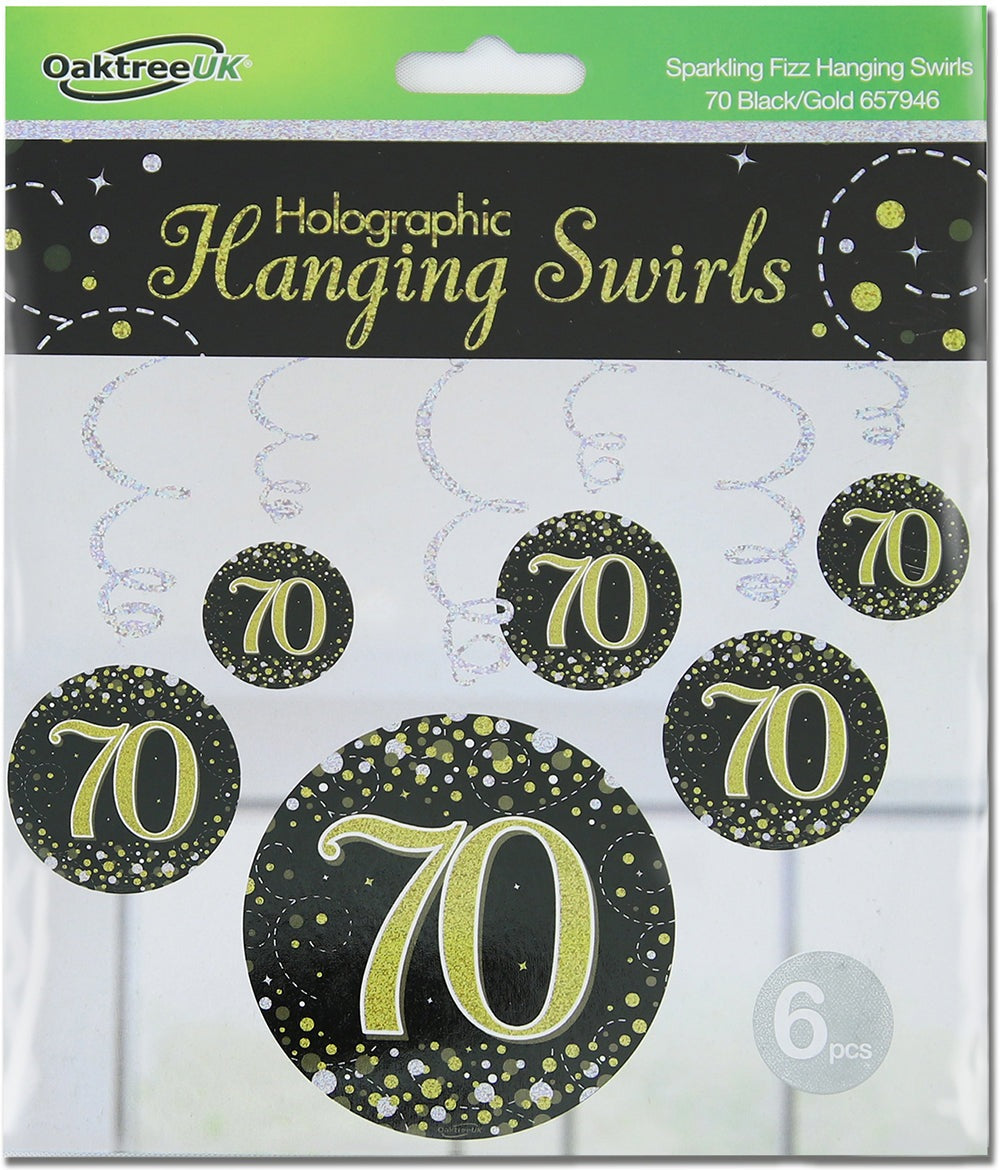 Sparkling Fizz Hanging Swirls 70th Black / Gold 6pcs