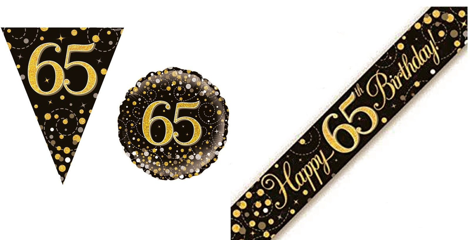 Black And Gold Bundle D Banner, Bunting, Foil Balloon Ages 16 to 90
