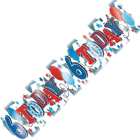 Age 6 Birthday Banner Blue, Red And Silver Balloons Holographic Recyclable 6th Birthday Party Banner