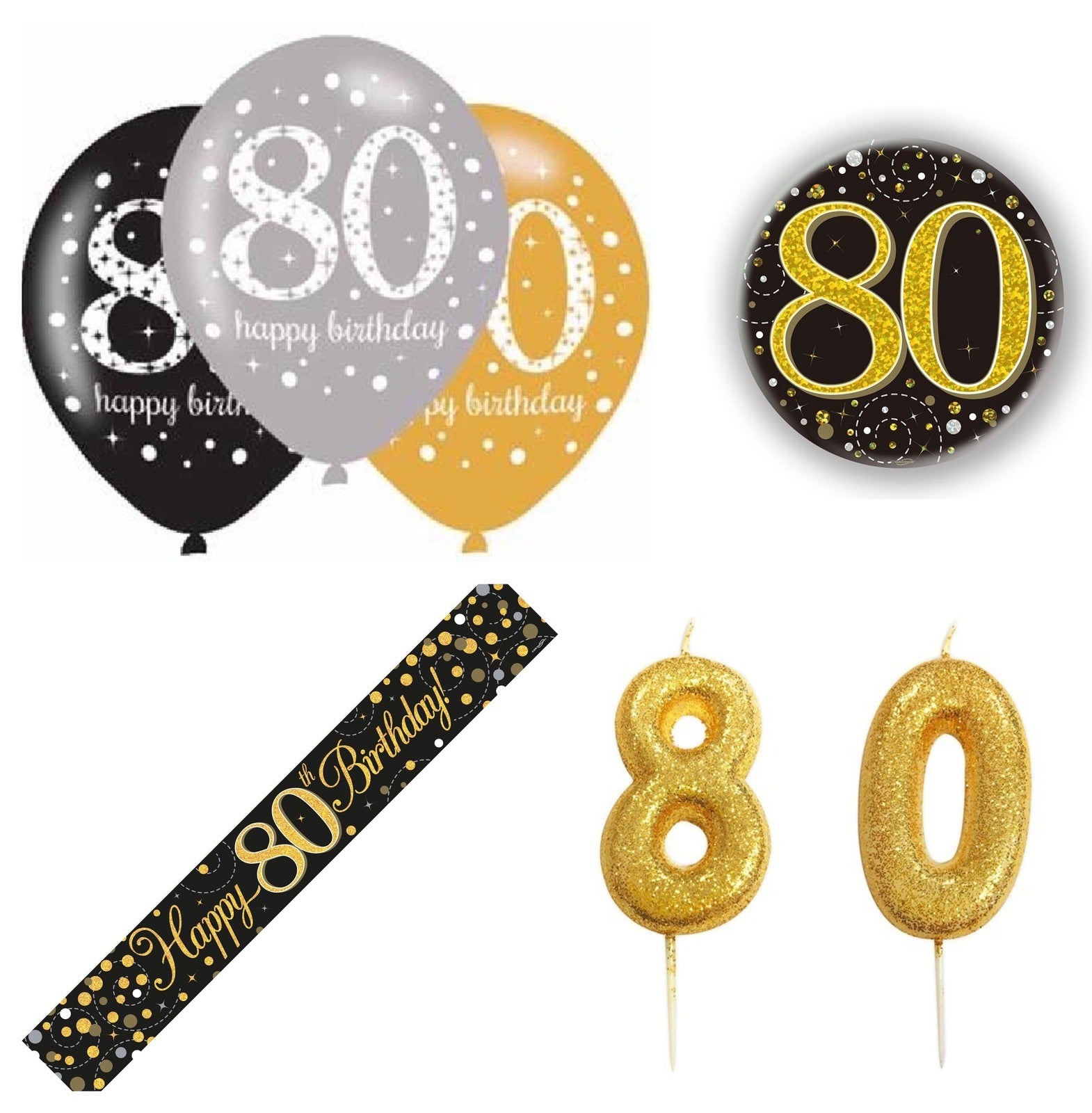 Black And Gold Bundle B Banner, Balloons, Candle, Badge Ages 16 to 100