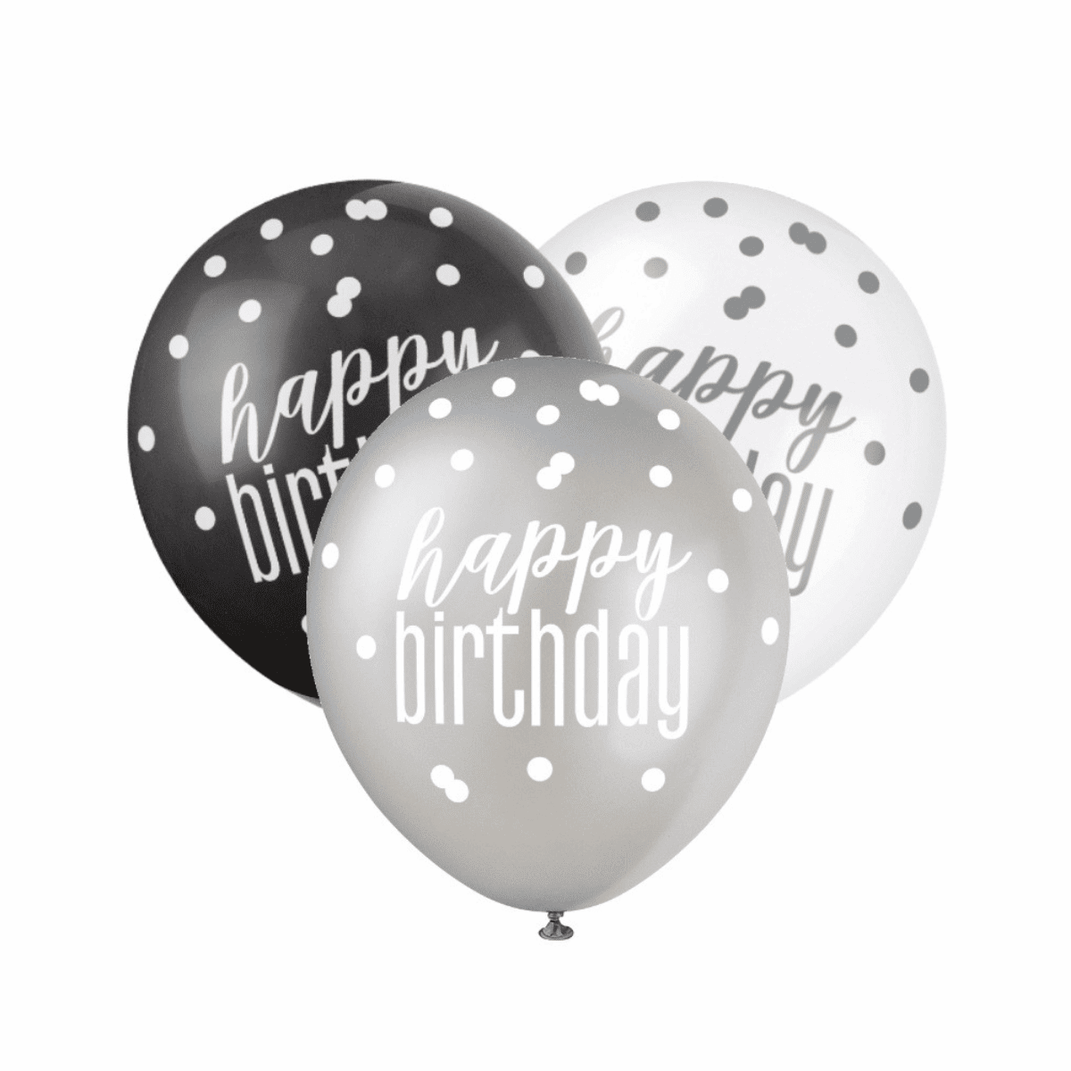 Black, Silver, & White Latex Balloons Happy Birthday