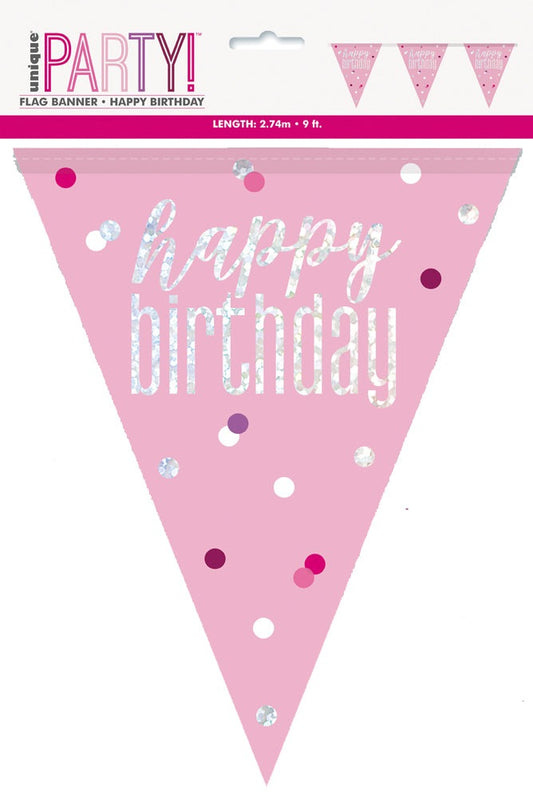 Pink & Silver Prismatic Plastic Flag Banner Happy Birthday