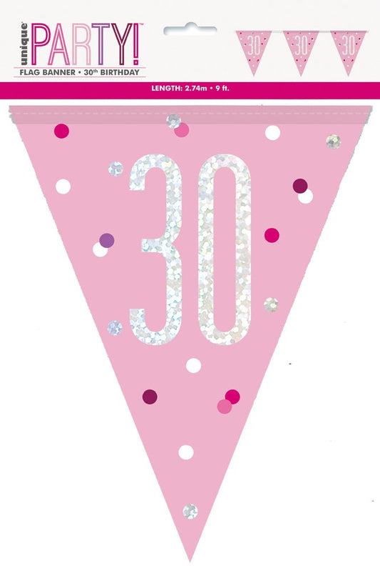 Pink & Silver Prismatic Plastic Flag Banner 30th