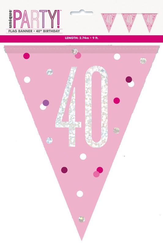 Pink & Silver Prismatic Plastic Flag Banner 40th