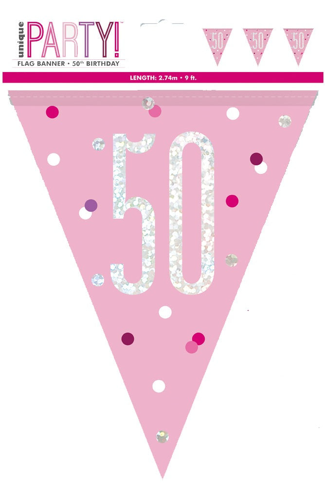 Pink & Silver Prismatic Plastic Flag Banner 50th