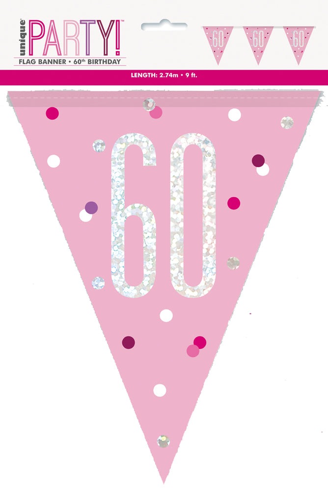 Pink & Silver Prismatic Plastic Flag Banner 60th