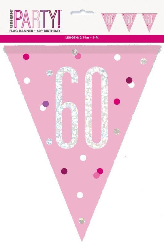 Pink & Silver Prismatic Plastic Flag Banner 60th