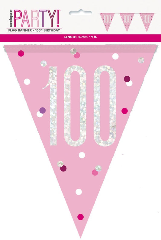 Pink & Silver Prismatic Plastic Flag Banner 100th