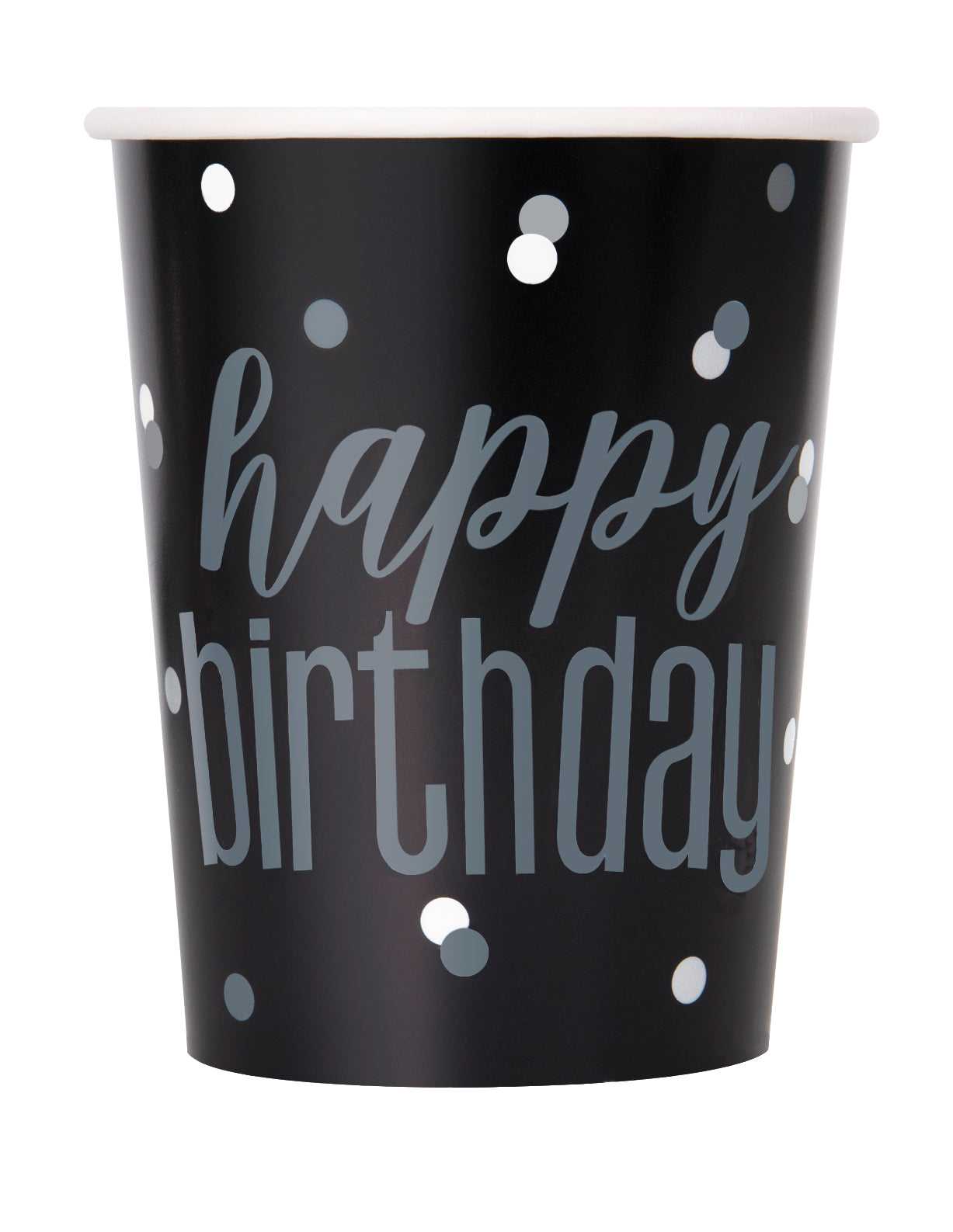 8 Black & Silver Happy Birthday Cups, 9oz